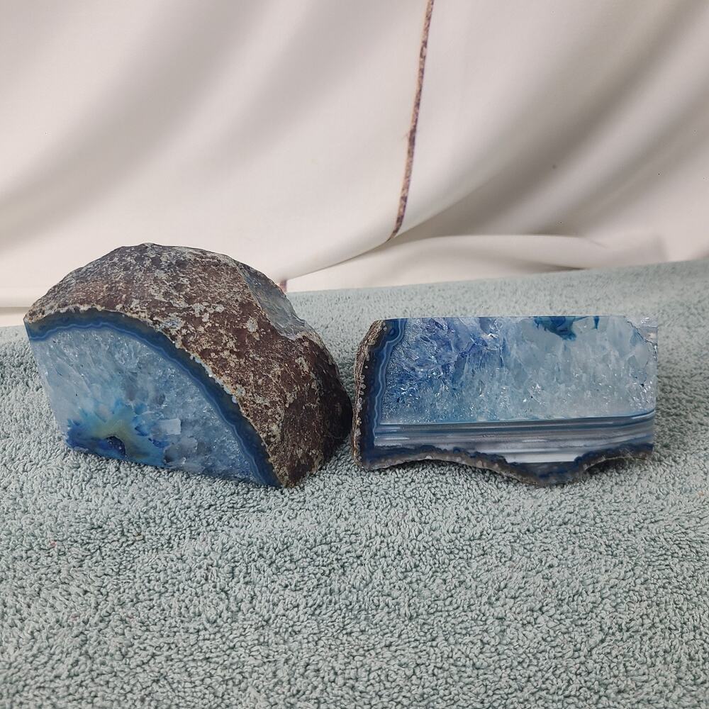 Two Blue Crystal Agate Polished Geode Bookends 4 lbs